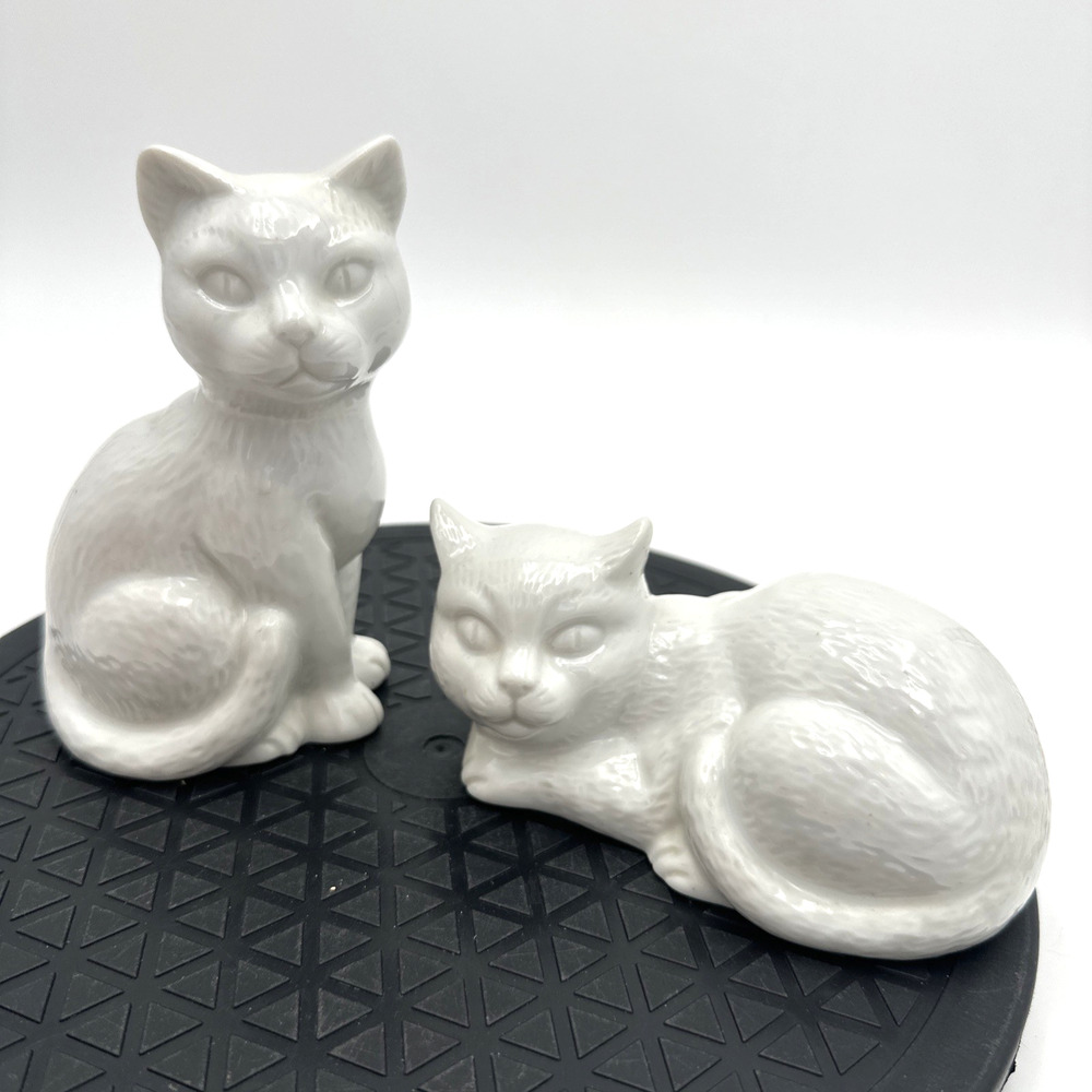 Vintage Lot Of 2 White Ceramic Cat Figurines